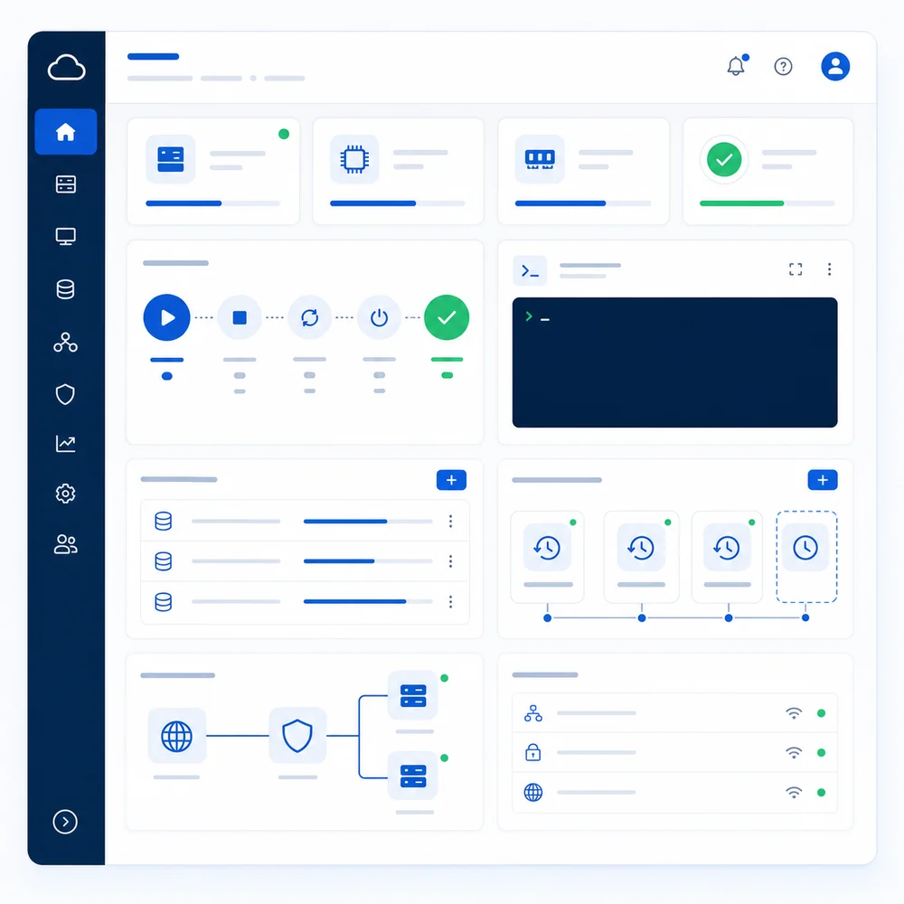 Interfaccia CloudPanel per istanze, volumi, rete e snapshot