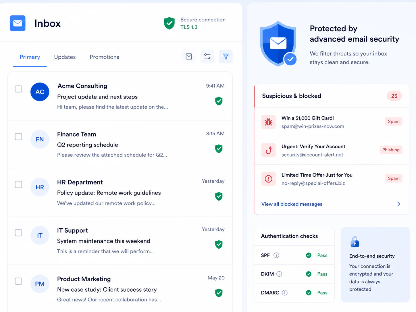 Dettaglio della protezione email con TLS, antispam e autenticazioni SPF, DKIM e DMARC