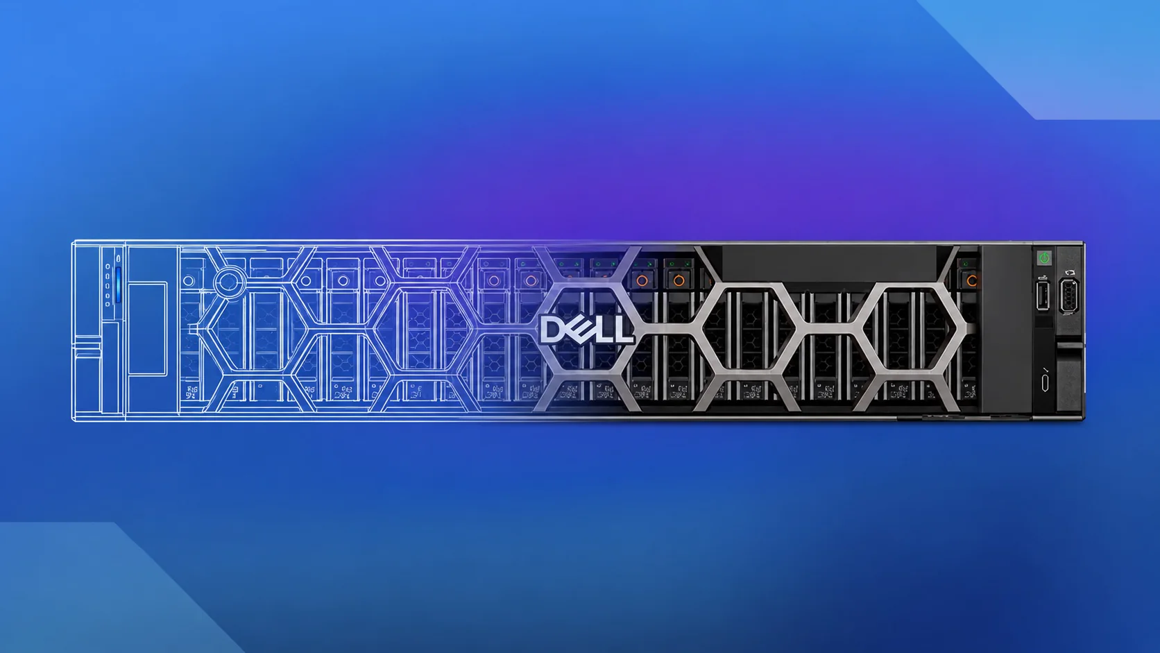 Server Dell PowerEdge R7625 frontale, metà realistico e metà wireframe tecnico