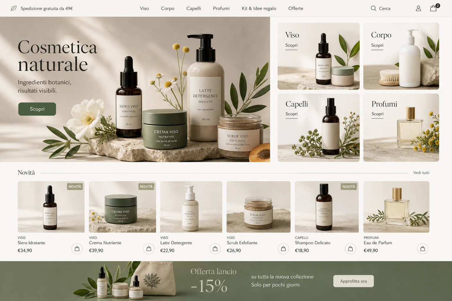 Store premium di cosmetica naturale generato dal brief con categorie, schede prodotto e offerta lancio