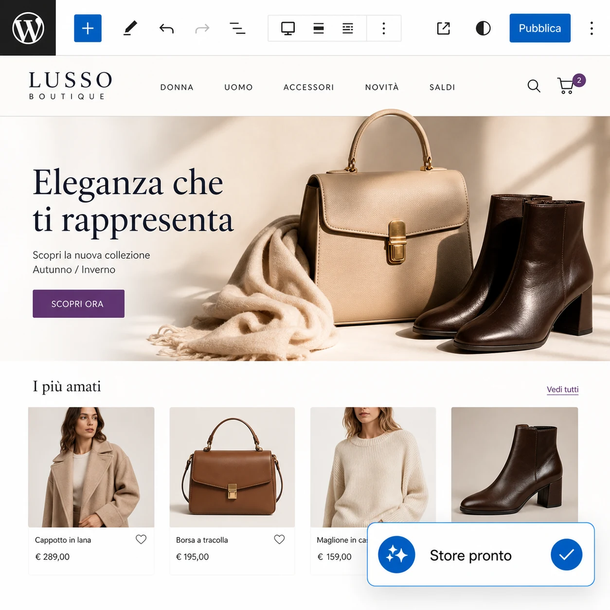 Dettaglio di uno store WooCommerce di moda creato con Extendify SiteBuilder AI
