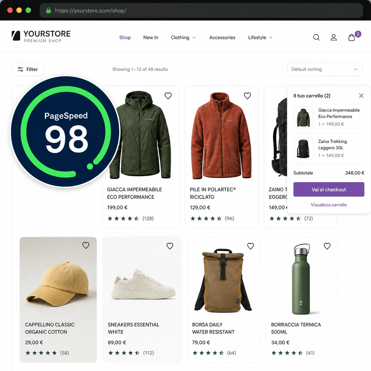 Dettaglio di un catalogo WooCommerce veloce con mini-carrello e indicatore PageSpeed 98