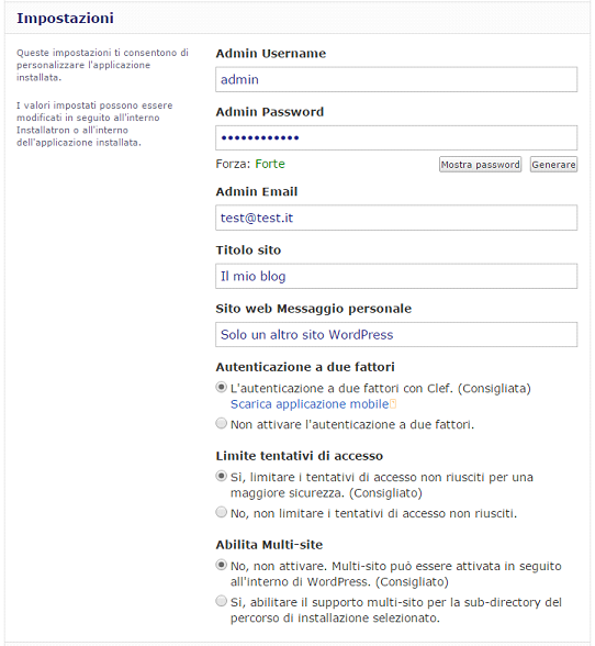 Il tuo sito con un click impostazioni installazione WordPress Il tuo sito con un click impostazioni installazione WordPress